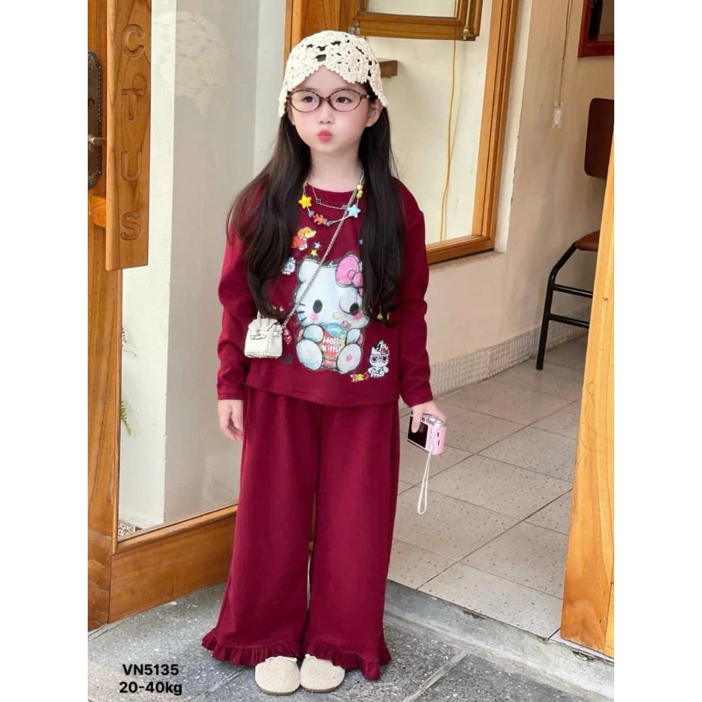 Sét Bộ Quần Áo Len Tăm Thỏ Co Giãn 4 chiều In Hình Hello Kitty Dành Cho Bé Gái Size  13-44kg ,Có Thể Giặt Máy (XMAV 1))
