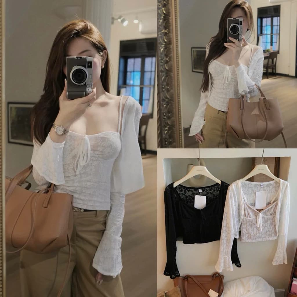 [HÀNG LOẠI 1] Set Áo 2 Dây Ren Hoa Thêu Nổi Kèm Áo Khoác Cardigan Ngoài Tay Loe Siêu Xinh