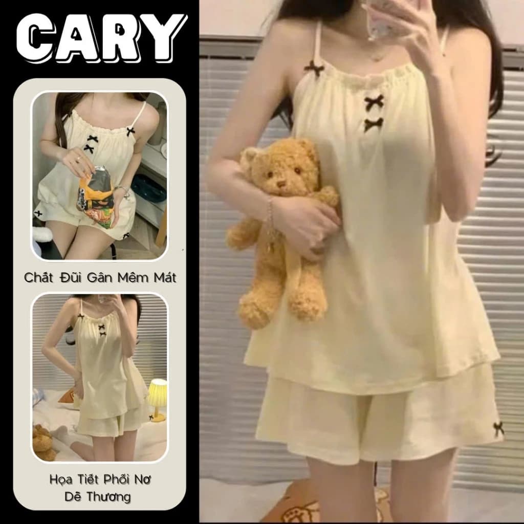 Set pijama 2 dây trơn viền bèo đính nơ chất đũi gân mềm mát bộ ngủ nữ mặc nhà dễ thương pyjama CARY