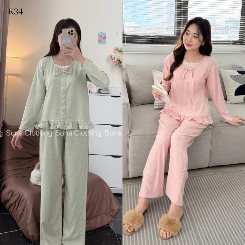 K34- Bộ Pijama Đồ Mặc Nhà Chất Tăm Lông Thỏ Cao Cấp,Tay dài,Quần dài,Cổ bèo nhún điệu đà