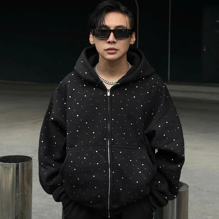 Áo Khoác zip ĐÍNH ĐÁ LẤP LÁNH chống nắng HOODIE ZIP Nỉ BÔNG 380gms Dáng Boxy Nam Nữ Unisex