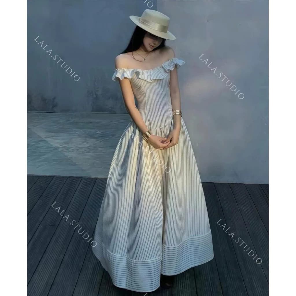 Luna dress•LALASTUDIO• Váy trễ vai maxi siết eo cao cấp, váy maxi kẻ đi biển, váy 2 dây bèo maxi tiểu thư thanh lịch