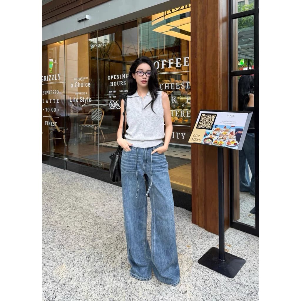 Quần jean suông dài nữ kèm dây chất cotton jeans dày dặn URATV
