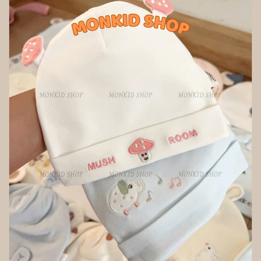 Mũ thu đông chất liệu nỉ cotton 2 lớp, có tai, thêu họa tiết dễ thương cho bé 0-6 tháng