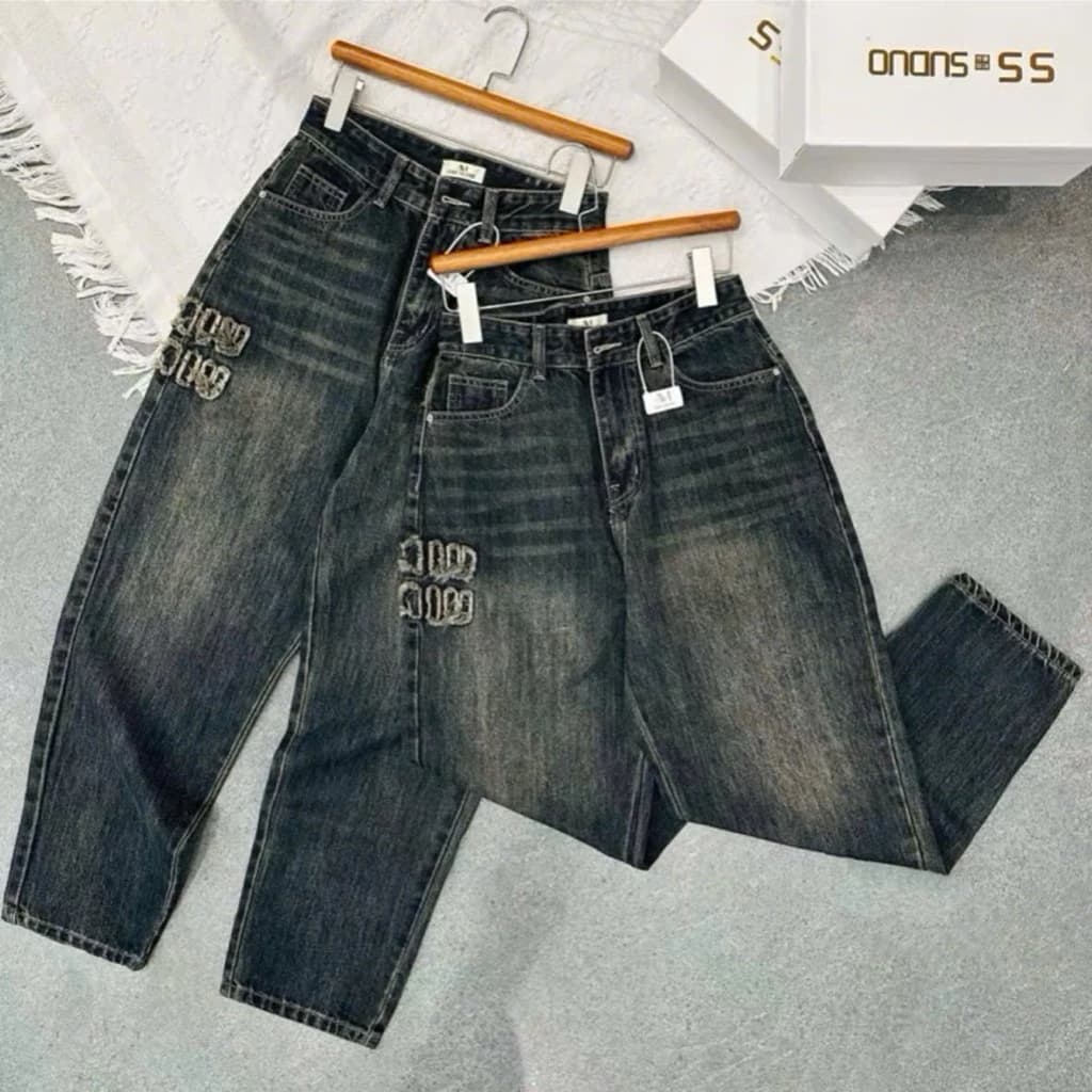 [BIGSIZE] 6299 Quần Jean Baggy Nữ Trơn Tạo Kiểu Chữ Thêu, quần bò nữ ống bo mềm năng động