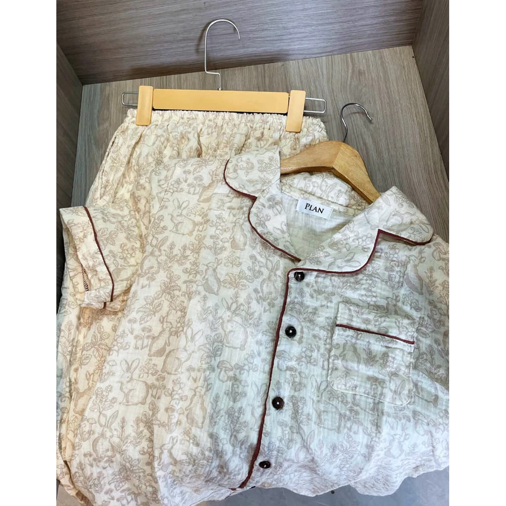 Bộ Mặc Nhà Pyjama ngắn,dài chất liệu Xô Muslin mềm mại hoạ tiết thỏ nâu