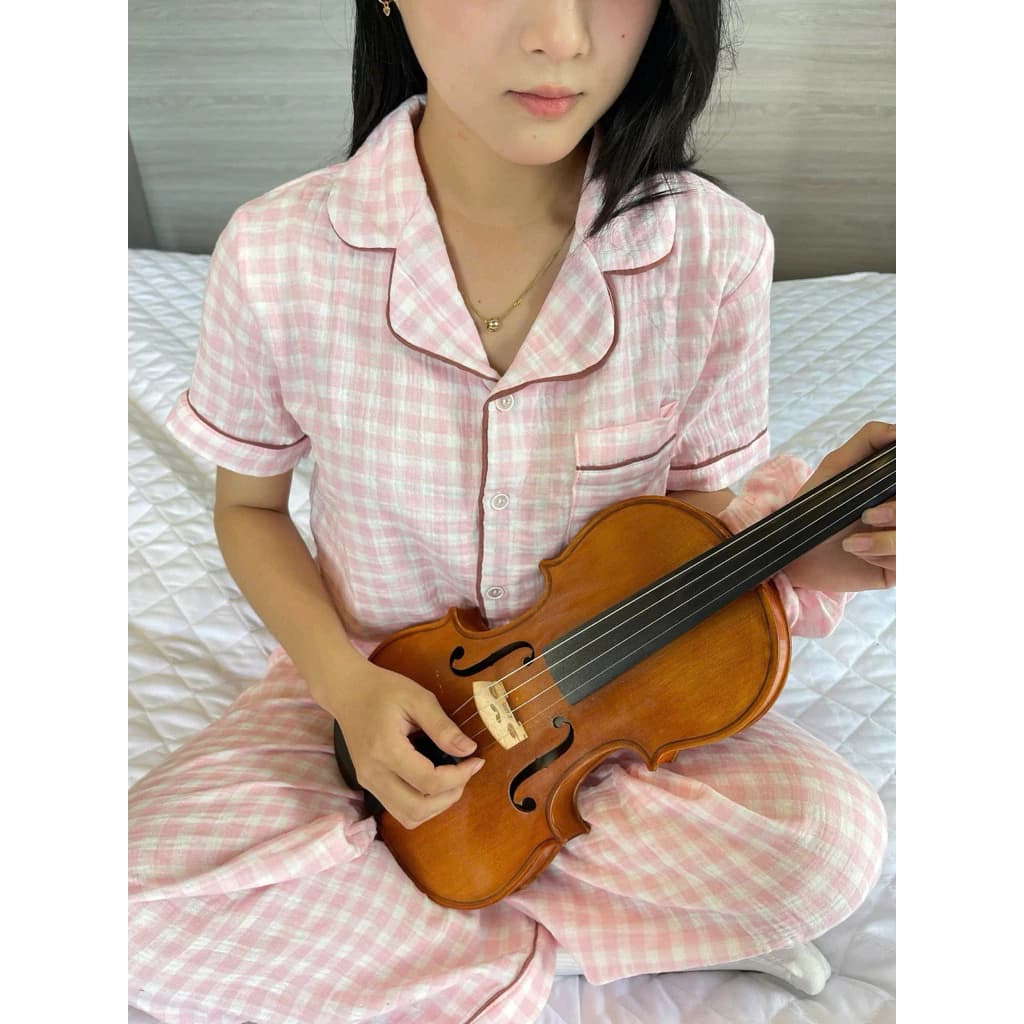 Bộ mặc nhà xô muslin hoạ tiết caro hồng 38-75kg.vải mềm,mịn.thoải mái cho giấc ngủ(có cả lưng thun cho mẹ bầu nếu cần)