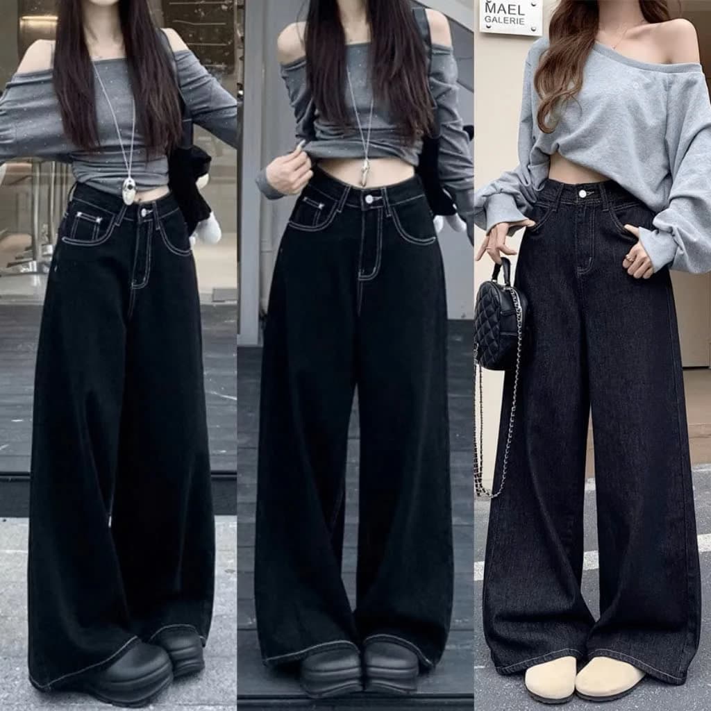 Quần Jeans Nữ JSR Màu đen chỉ trắng Form Suông Ống Rộng, Quần Jean Nữ Ống Rộng Cao Cấp