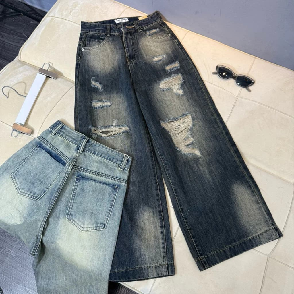 (92cm) Quần Jean Nữ  Suông Rông Nấm Loang rách  QC .jean  ko giãn - Shop Nhí ( 7318 )
