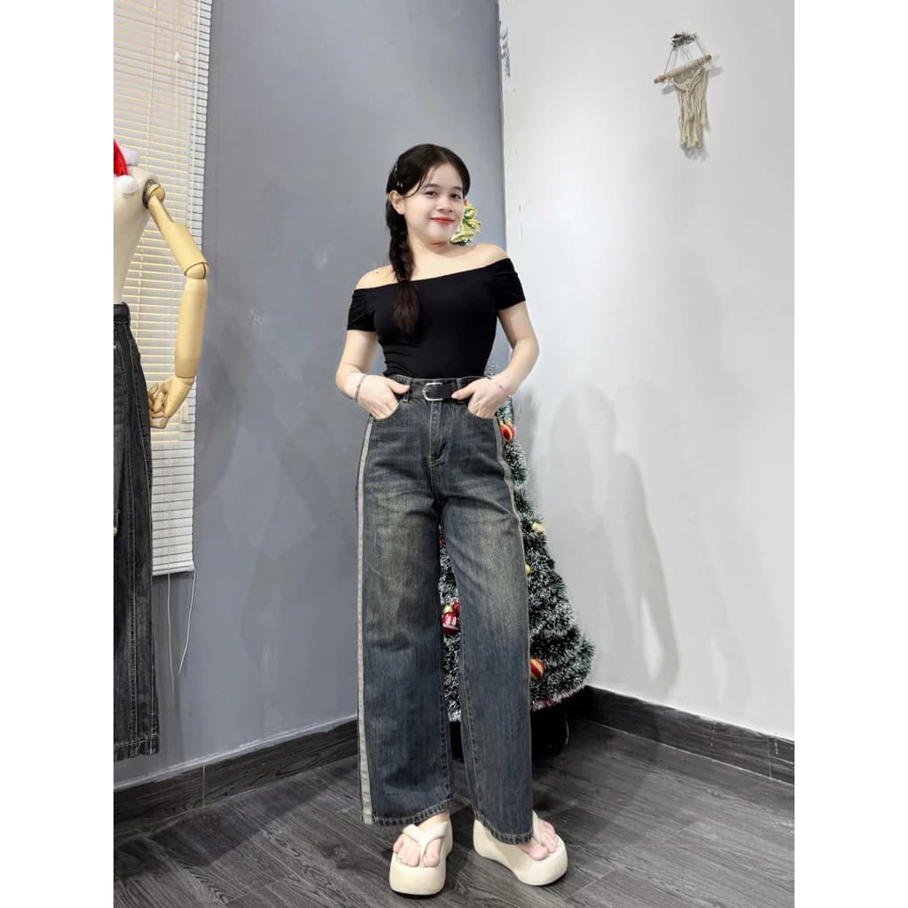 (93cm) Quần Jean Nữ  Suông Nấm Viền Sọc Sườn QC . Jean ko giãn  . Đủ Size XS/S/M/L ( 6780 )