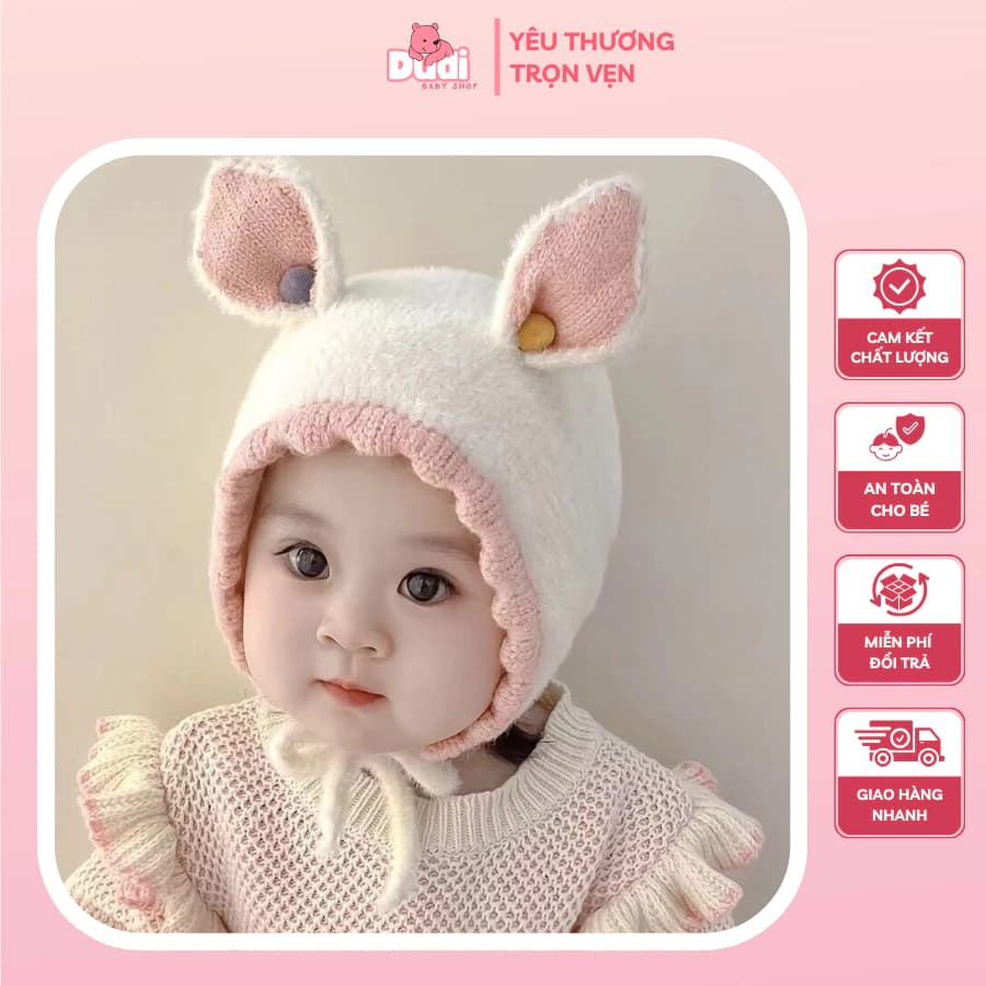 [6-24 THÁNG TUỔI] Mũ Len Giữ Ấm Mùa Đông TAI GẤU TAI NAI Có Dây Buộc Siêu dễ thương 2 Lớp Dày Dặn - M19