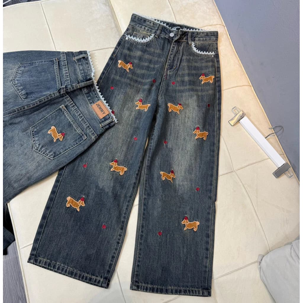 (87+97cm) Quần jean nữ ống suông rộng QC thêu chó ( 7265 )