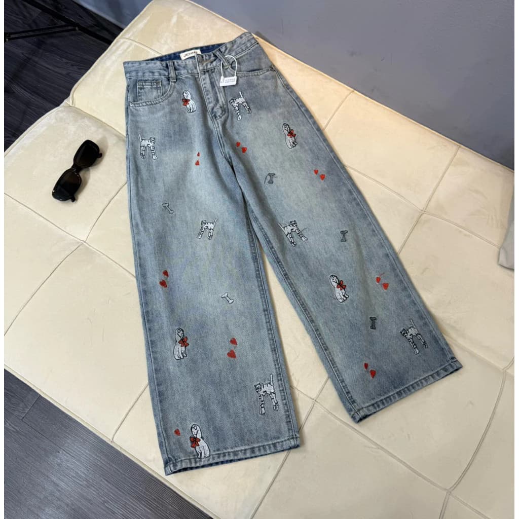 (87+97cm) Quần jean nữ ống suông rộng QC thêu ( 7247 )