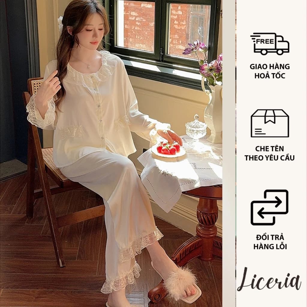 Bộ Đồ Ngủ Lụa Dài Tay LICERIA Cổ Bèo Ren Phong Cách Tiểu Thư Sang Trọng Chất Vải Mềm Mịn Cao Cấp