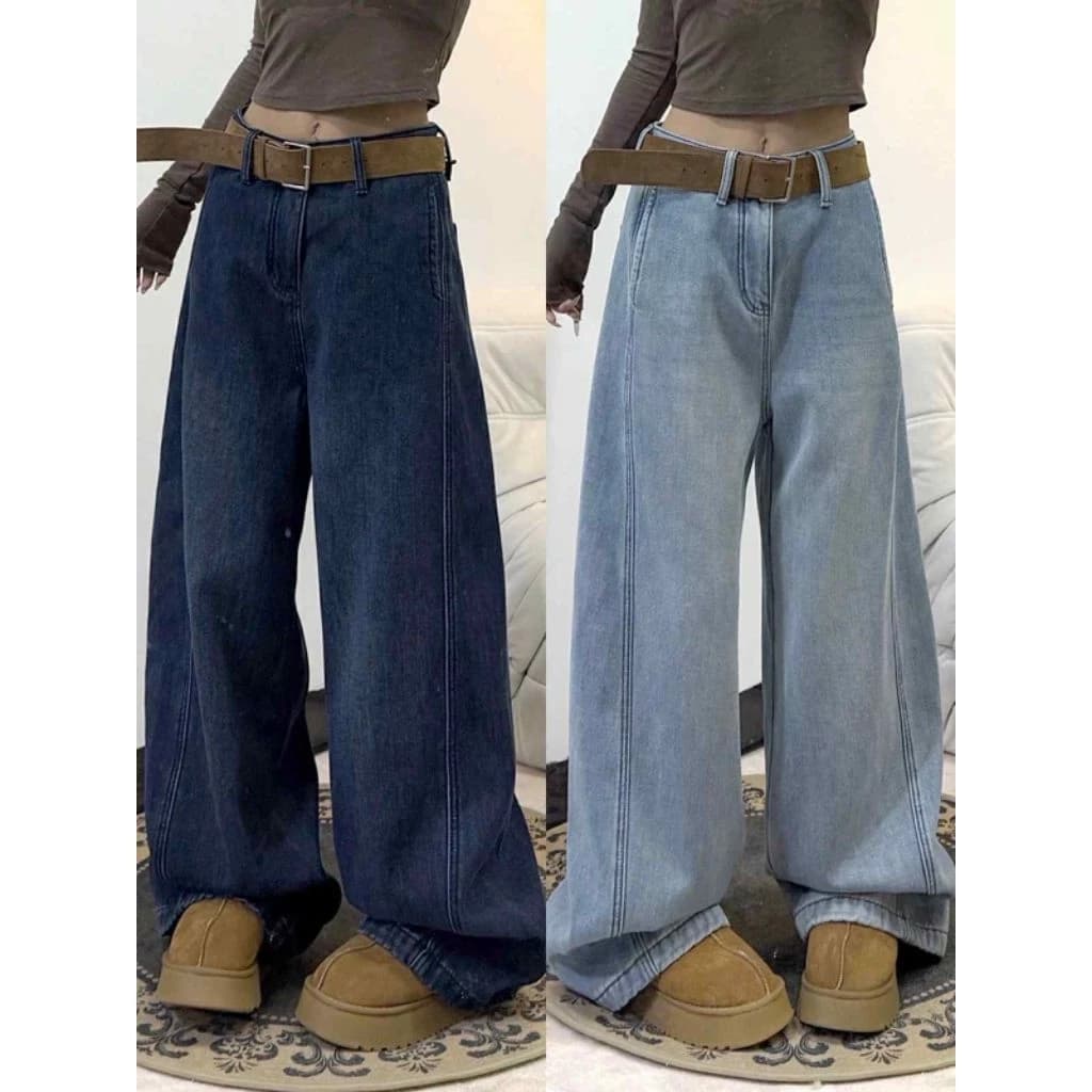 Quần jeans dáng suông túi dọc viền nổi gấu to cạp cao tôn dáng đủ 2 nàu basic