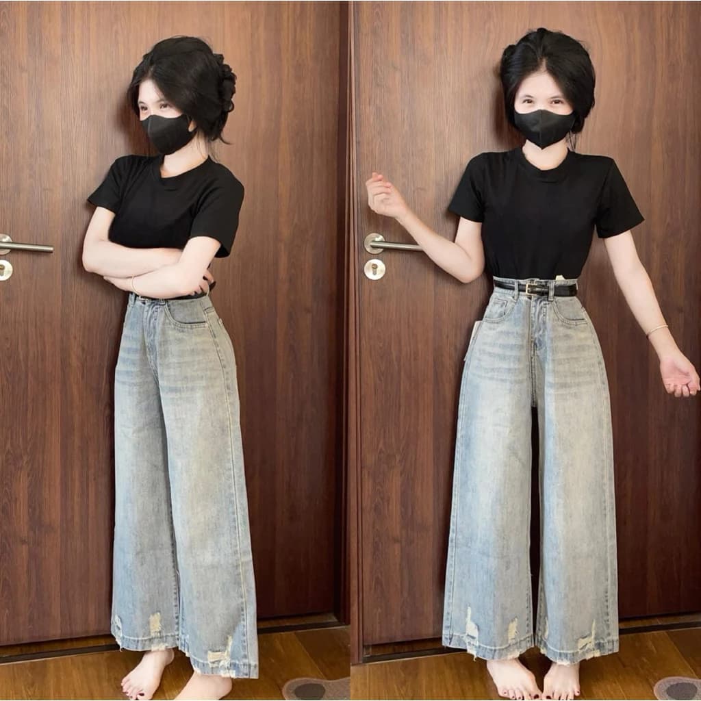 (87/95cm) Quần Jean Nữ  Suông Rộng Rách Lai QC . Jean ko giãn ( S01 - Quần suông nấm ) 7095