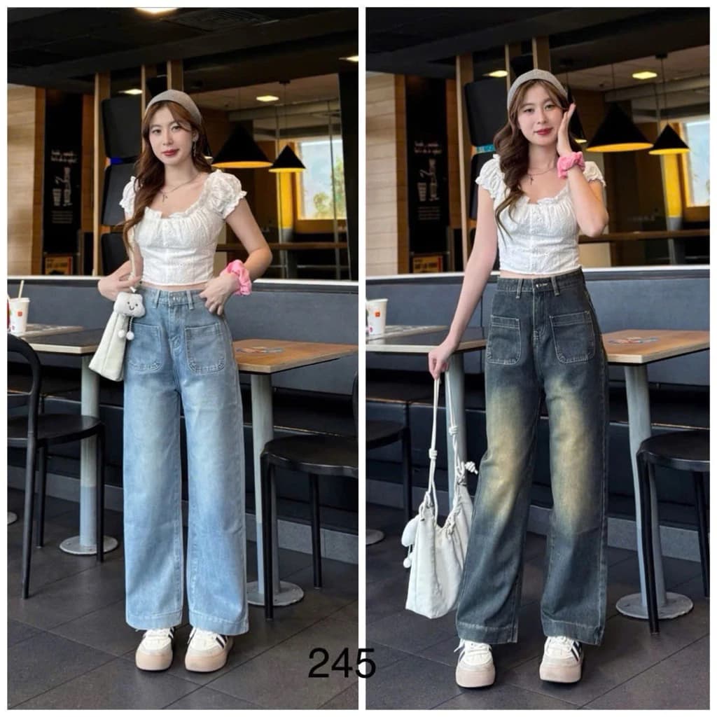 Quần jean suông ống rộng phom nấm lùn,Quần bò nữ ống suông dáng ngắn 93cm