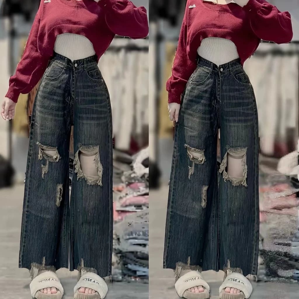 (96/97cm) Quần Jean Nữ  Suông Nấm Rách Lớn Lai Cắt Tua QC . Jean ko giãn . Đủ Size S/M/L ( S01- Quần suông nấm ) 821