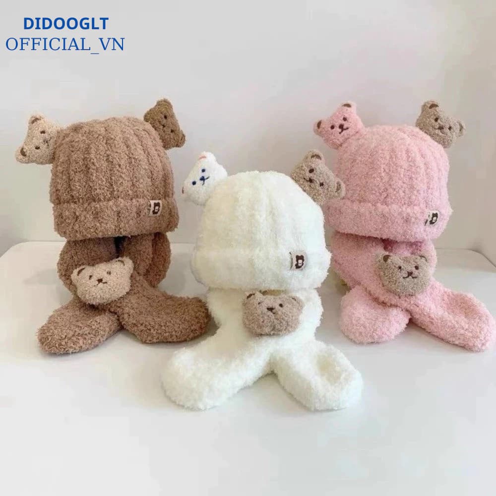Mũ Len Gấu Lông Cừu Kèm Khăn Choàng Cổ Siêu Ấm, Tai Hình Gấu Dễ Thương Cho Bé DIDOOGLT