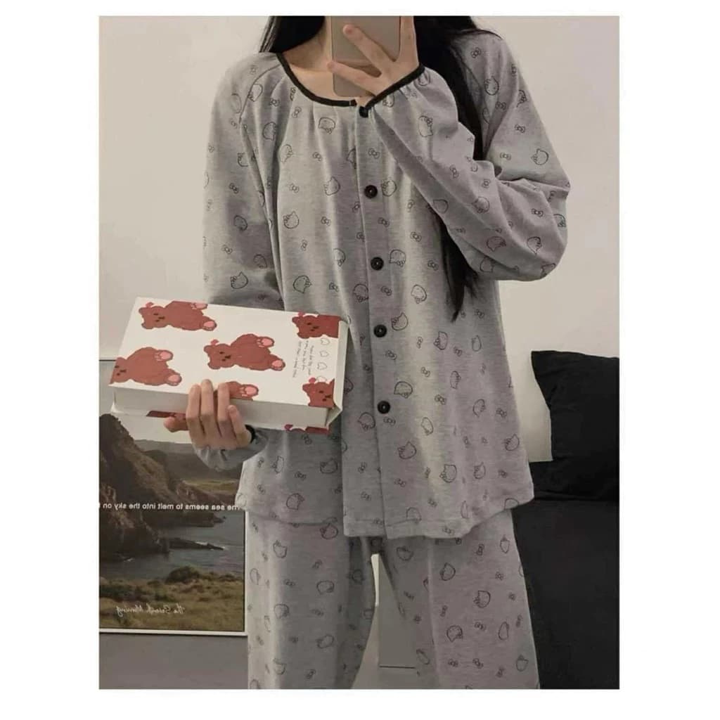 Set Bộ Nỉ Kitty Xám Nơ Dài Tay Form Rộng Ulzzang Nữ, Đồ Thu Đông Dễ Thương Mềm Ấm Hottrend Phong Cách Hàn Quốc