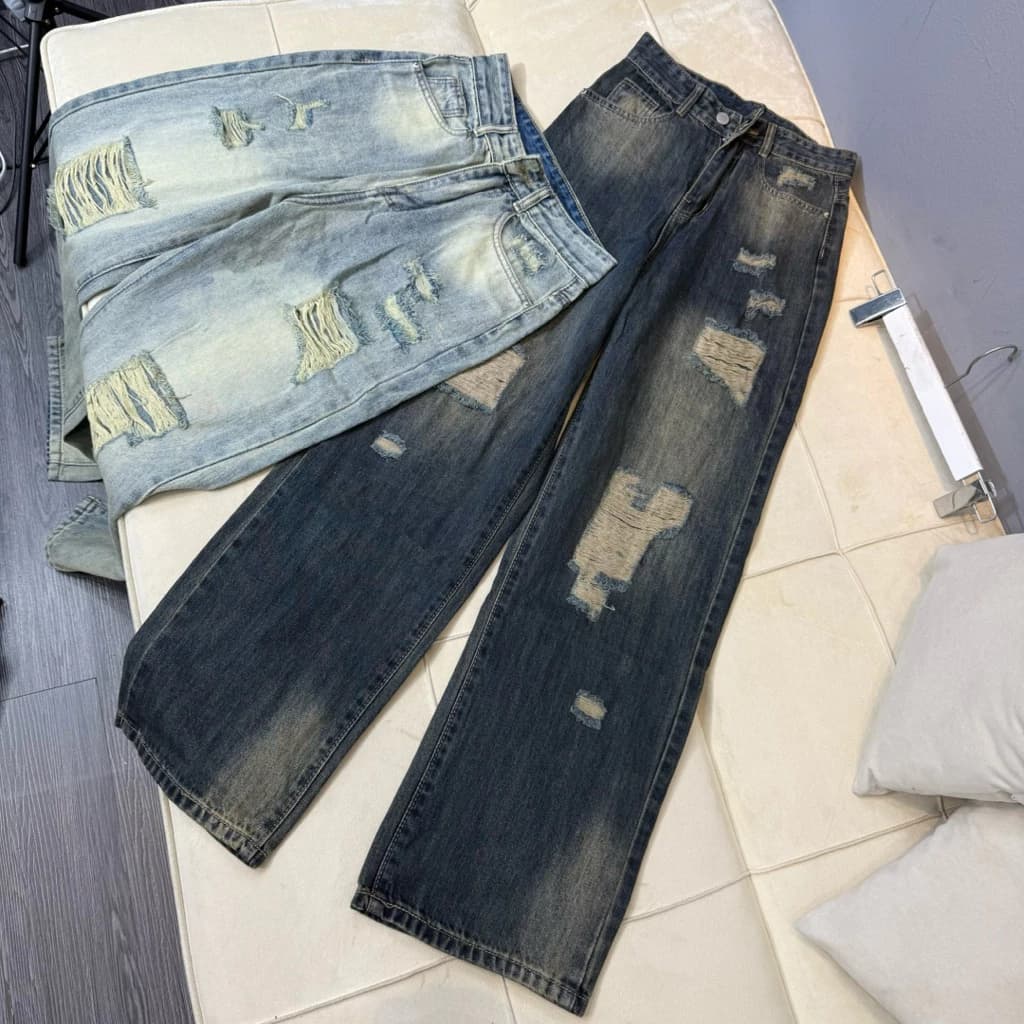 ( 102cm ) Quần jean suông dài rách loang . Đủ Size ( S M L ) Shop Nhí ( 7244 )