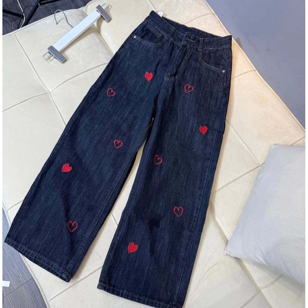 (87/95cm) Quần jean nữ ống suông rộng QC thêu nấm dài size SML Shop Nhí ( 7278 )
