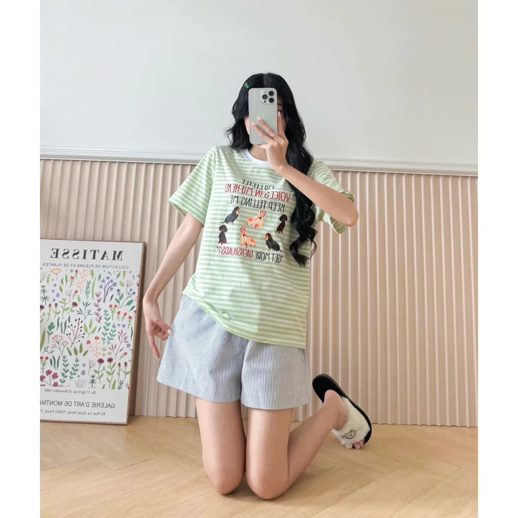 Sét bộ đùi mặc đi chơi trẻ trung năng động ALICEVN, Sét đùi sọc linen và áo thun cotton in hình, chất vải dày dặn mát