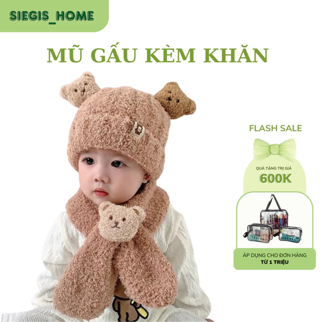 Mũ Len Gấu Bear Lông Cừu Kèm Khăn Quàng Cổ Giữ Ấm Cho Bé Hoạ Tiết Đáng Yêu - Mũ Lông Mềm Mại Giữ Ấm Cho Bé Kèm Khăn