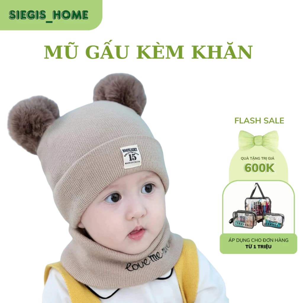 Mũ len tai gấu kèm khăn quàng cổ đáng yêu giữ ấm đầu và cổ cho bé chất liệu len dày dặn ấm áp