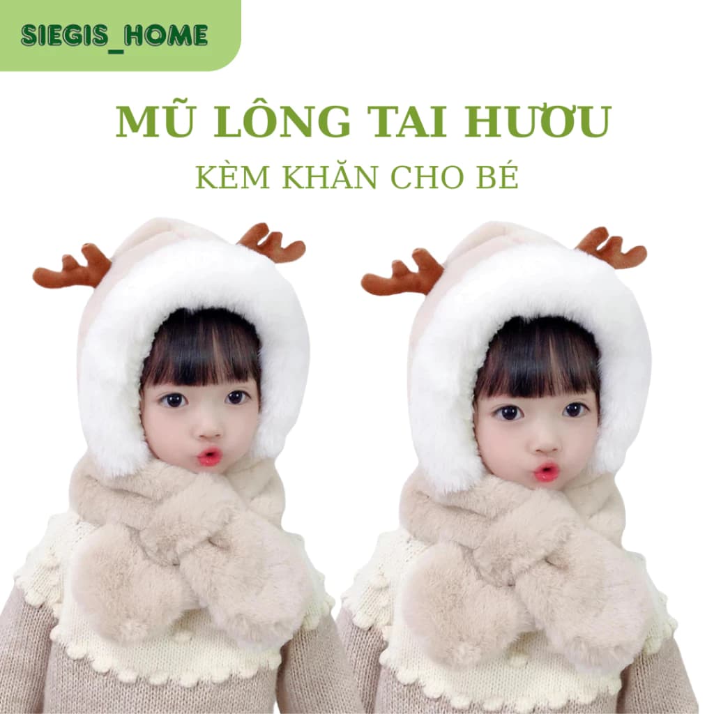 Mũ Lông Tai Huơu Đáng Yêu Cho Bé Kèm Khăn Quàng Cổ Mềm Mịn Giữ Ấm Màu Sắc Dễ Thương