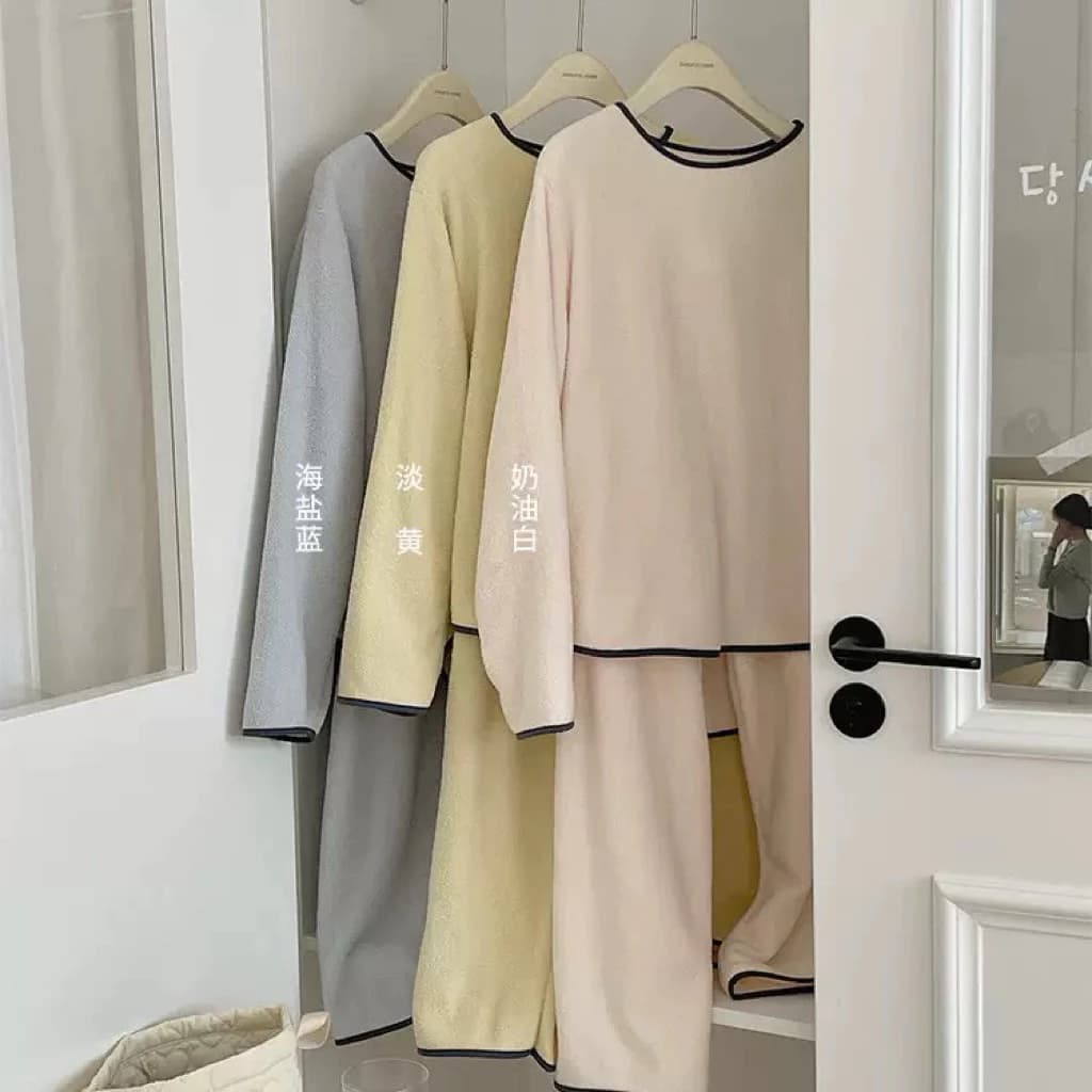 Bộ Đồ Ngủ Nỉ Tuyết Cho Nữ – Đồ Mặc Nhà Mùa Đông Dài Tay Mềm Mịn, 3 Màu Pastel Dễ Thương (Kem, Vàng, Xanh Ghi)