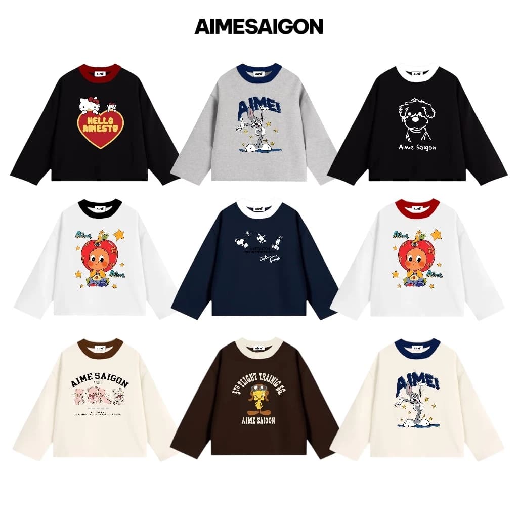 [ATD03 Ver3] Áo Thun Tay Dài Long Sleeve Boxy AIMÉ Form Rộng Cổ Tròn " PHỐI CỔ HOẠT HÌNH " Unisex Nam Nữ Basic