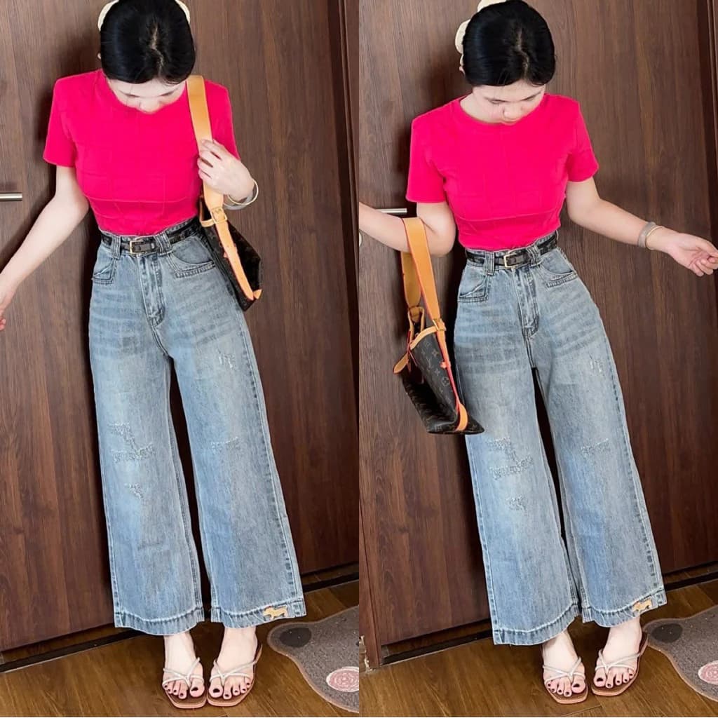 (92cm) Quần Jean Nữ  Suông Rông Nấm Thêu QC .jean  ko giãn - Shop Nhí ( S01 - quần suông nấm ) 881