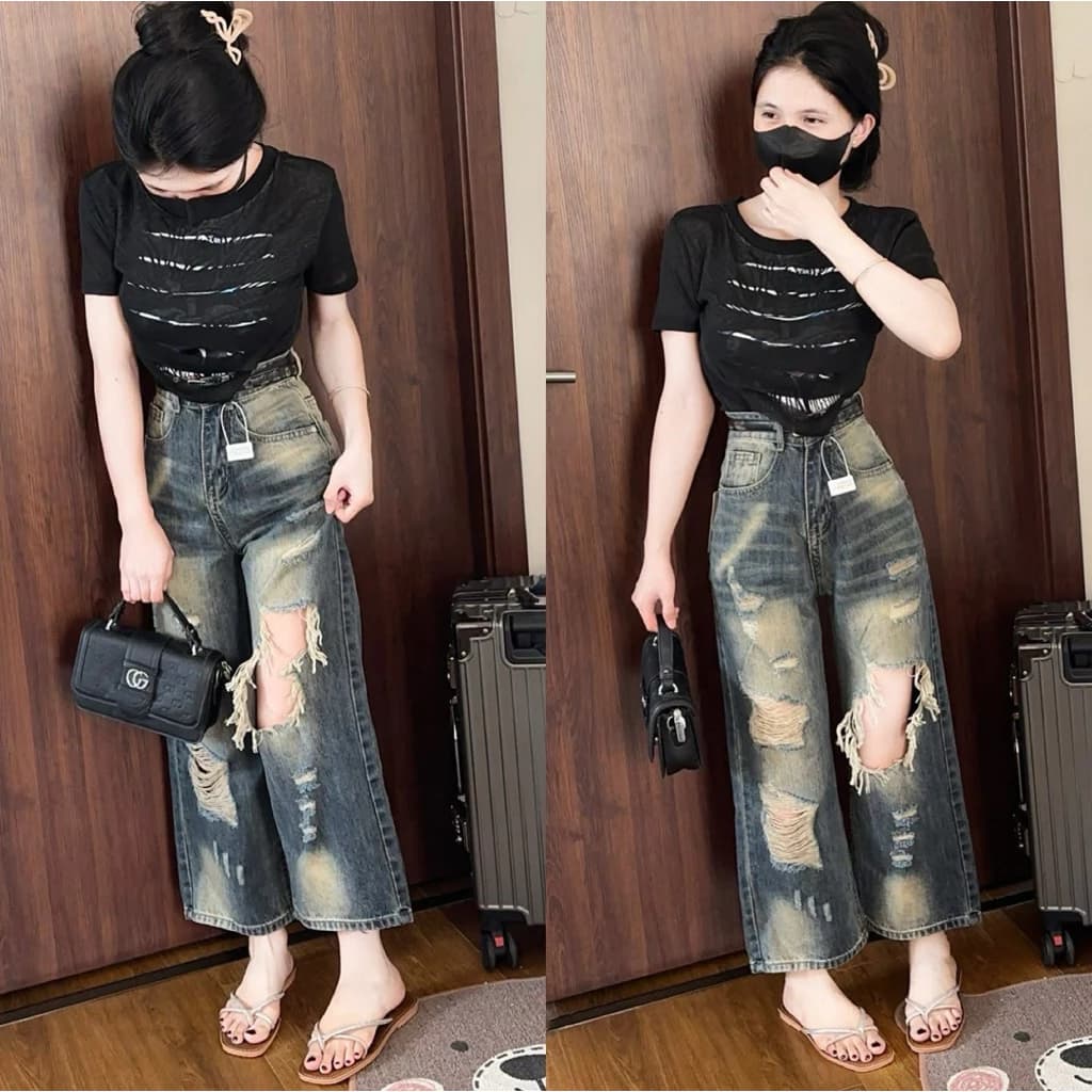 (87/97/103cm ) Quần jean loang nữ ống suông rộng QC  ( 7268 )