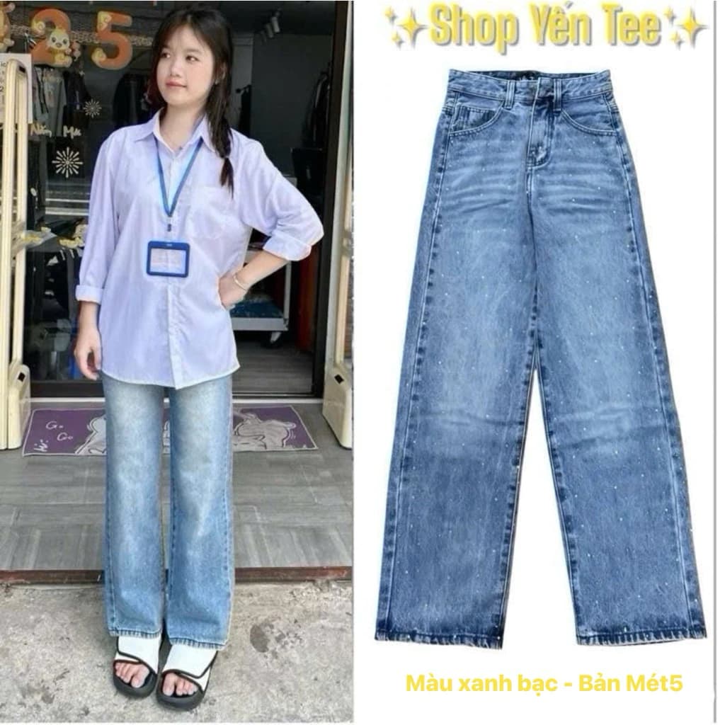 Quần ống xuông đính đá Yến Tee cạp cao 1 cúc mặc đi học , đi chơi cho nữ chất jeans cao cấp #1005