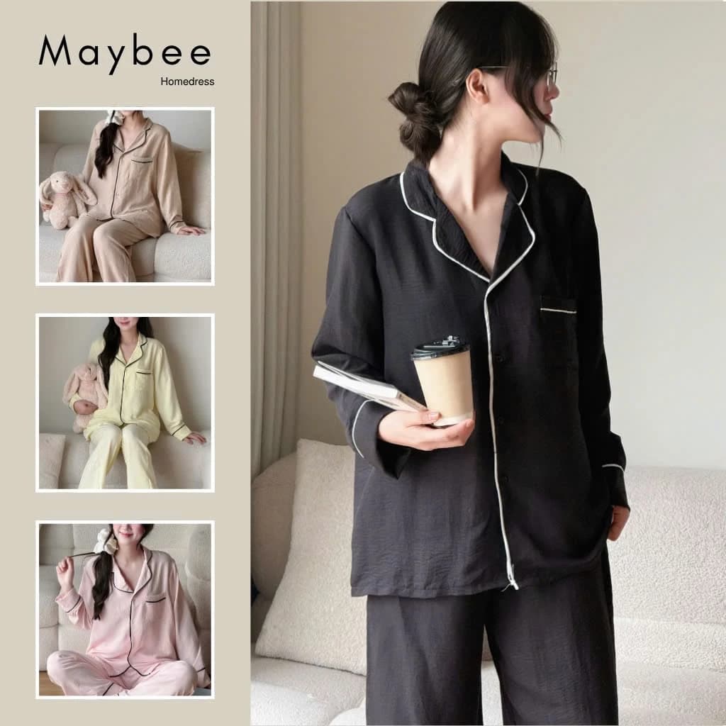 MB-SET-015 Maybee.Homedress Bộ Ngủ Dài Tay Trơn Viền Né, Dáng Rộng – Vải Đũi Mềm Mịn, Thoải Mái