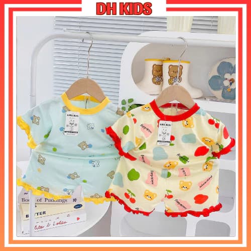 [L06] Đồ bộ bé gái cộc tay viền bèo hoạ tiết dễ thương chất thun lạnh mềm mát cho bé từ 4 - 16kg - DH KIDS