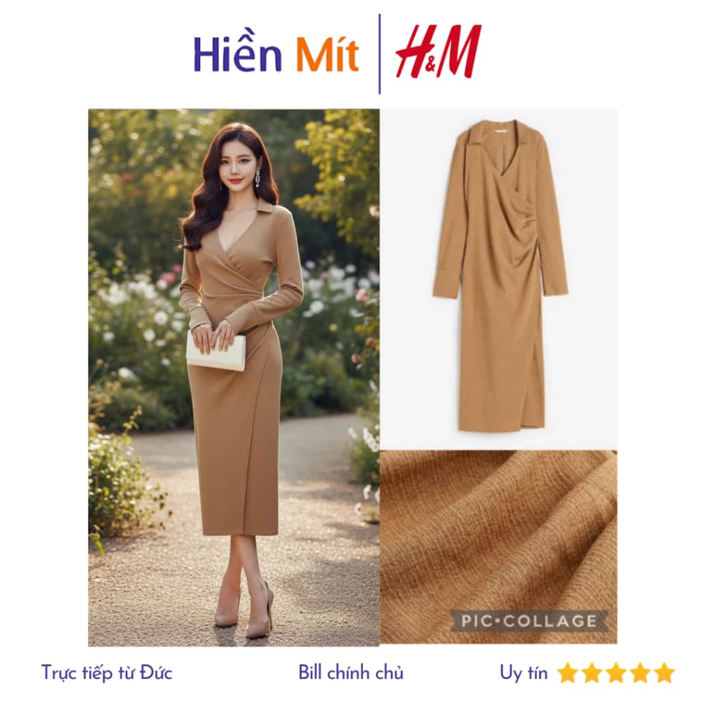 (Size XS) H&M Đức - Đầm dài midi cổ bẻ V nhún eo dài màu be nâu sale auth new chính hãng sẵn 1199017004 sơ mi