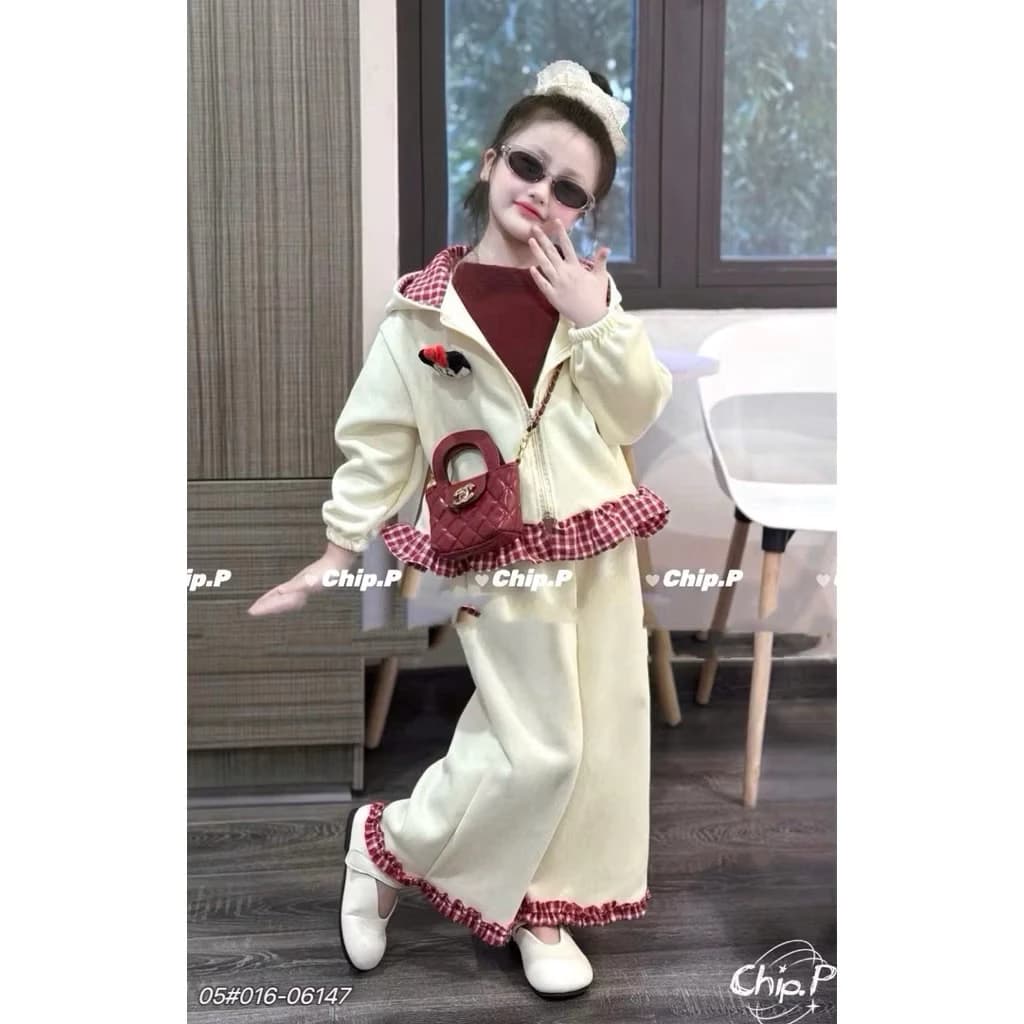 bộ nỉ khoác ( 1 áo khoác + 1 quần) phối kẻ caro cho bé gái chất vải nỉ 2 da mềm dày dặn