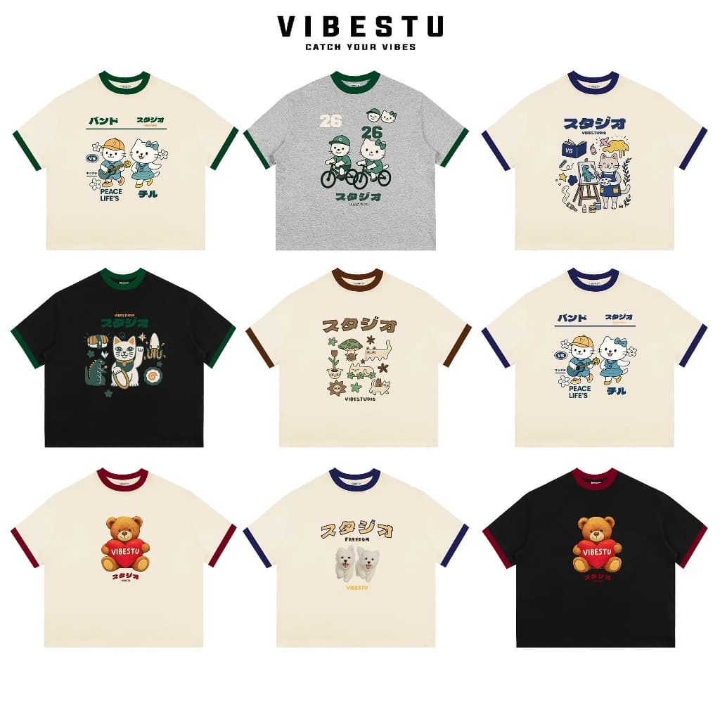 Áo Thun Local Brand VIBESTU " BST Phối Tay JAPAN ", Áo Thun Boxy Form Rộng Unisex 250Gsm 100% Cotton