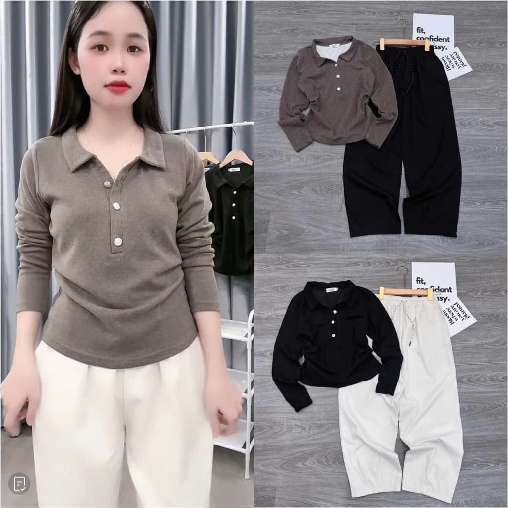 2026. [Áo CỔ ĐỨC - Quần Baggy] Sét áo chất lông thỏ phối liền KẺ+ quần baggy thô kaki.