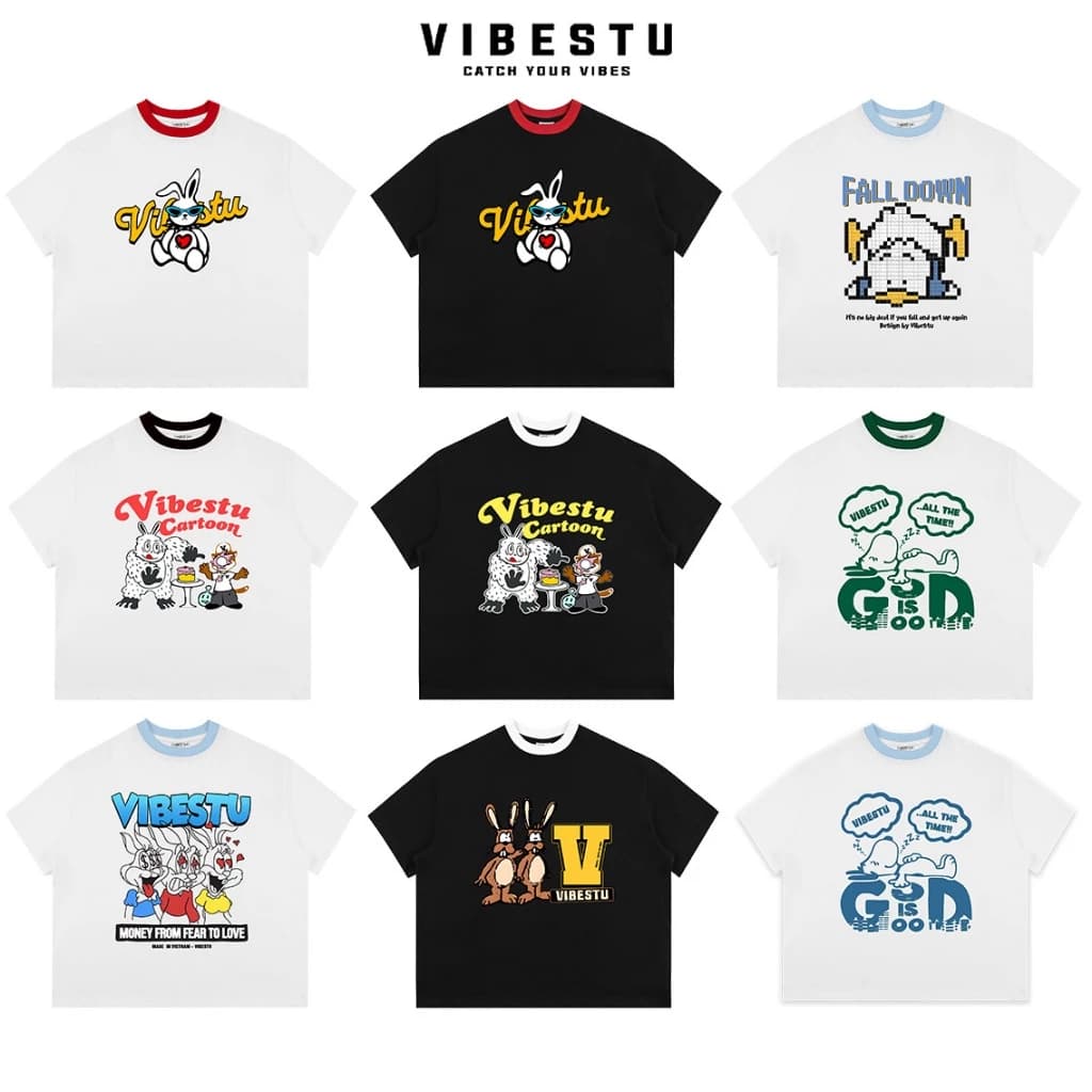 Áo Thun Local Brand VIBESTU " BST Hoạt Hình Ver2 " , Áo Thun Boxy Form Rộng Unisex 250Gsm 100% Cotton