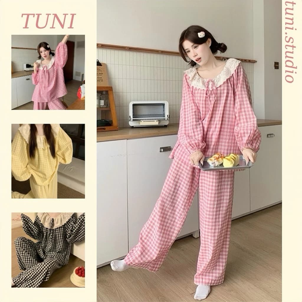 Bộ Đồ Ngủ Kẻ Caro Thắt Nơ Xinh Xắn Áo Dài Tay Dài Quần Dài Nữ Tuni.studio T04dd