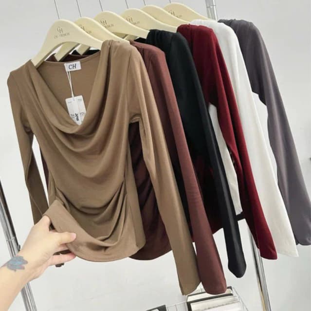 Áo thun tay dài cổ đổ borip lụa xịn Qc pjom dáng siêu đẹp🌷KLii sẵn