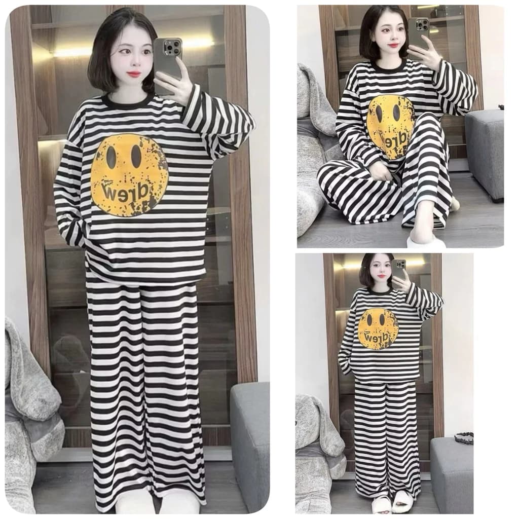 SET BỘ KẺ MẶT CƯỜI DÀI TAY QUẦN XUÔNG ỐNG RỘNG SÉT BỘ THU ĐÔNG MẶC Ở NHÀ ĐỒ NGỦ THOẢI MÁI