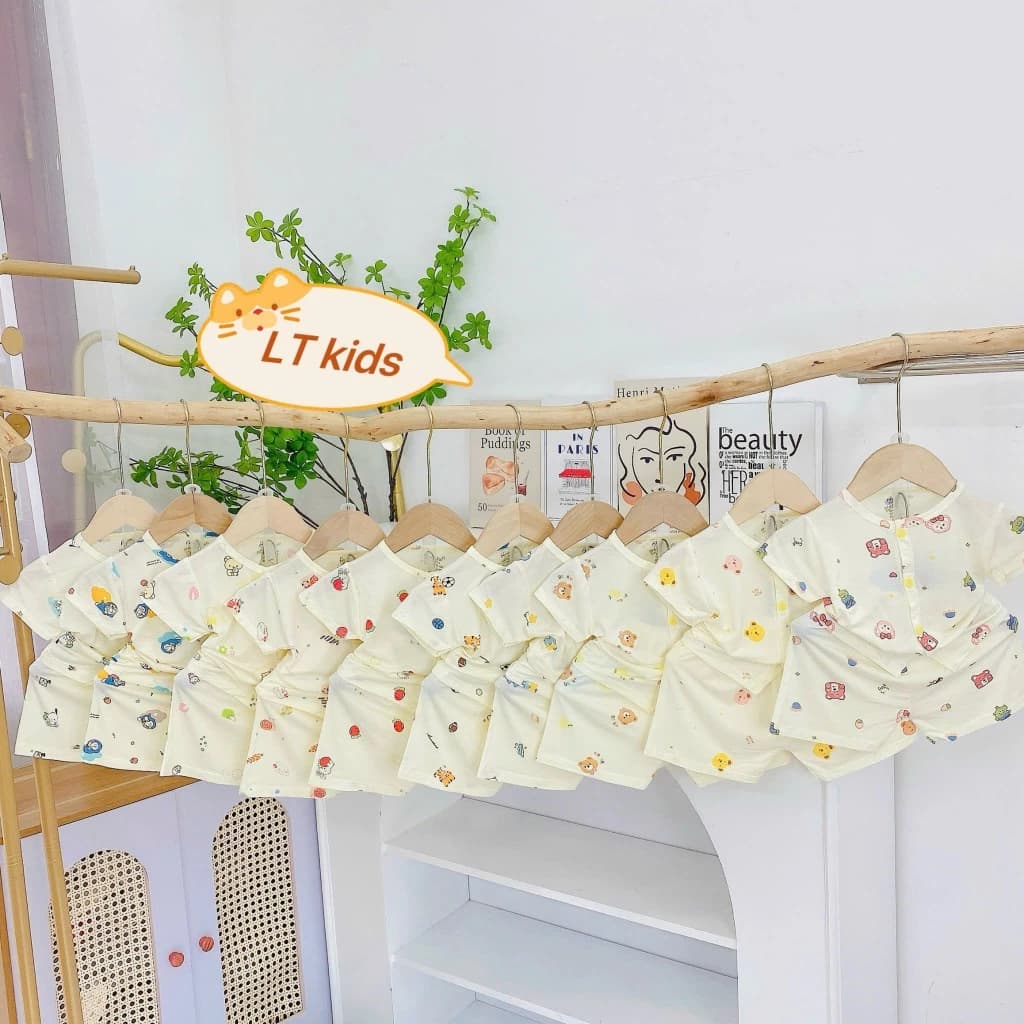 [Loại Peptit] Set 5 Bộ Cộc Tay Cúc Giữa Chất Thun Peptit Mềm Mại Thoáng Mát Nền Kem In Hoạ Tiết