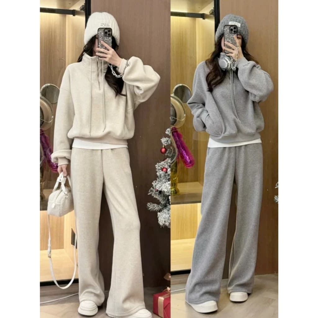 Sét Bộ dài tay cho Nữ Gồm Áo Nỉ cổ V khóa kéo Mix Quần Nỉ Fom rộng phong cách Hàn Quốc