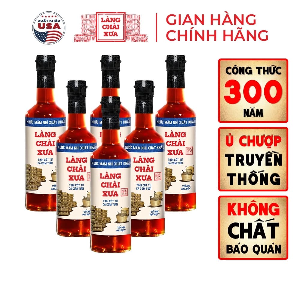 [TẶNG nước tương 125ml] Thùng 6 chai nước mắm nhỉ xuất khẩu nhãn xanh Làng Chài Xưa 500ml vị dịu nhẹ