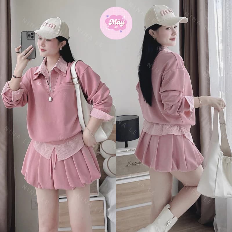 Set Áo Nỉ Hồng Phối Cổ Sơ Mi Kẻ Caro Dài Tay Kèm Chân Váy Xếp Ly Phong Cách Hàn Quốc MS121