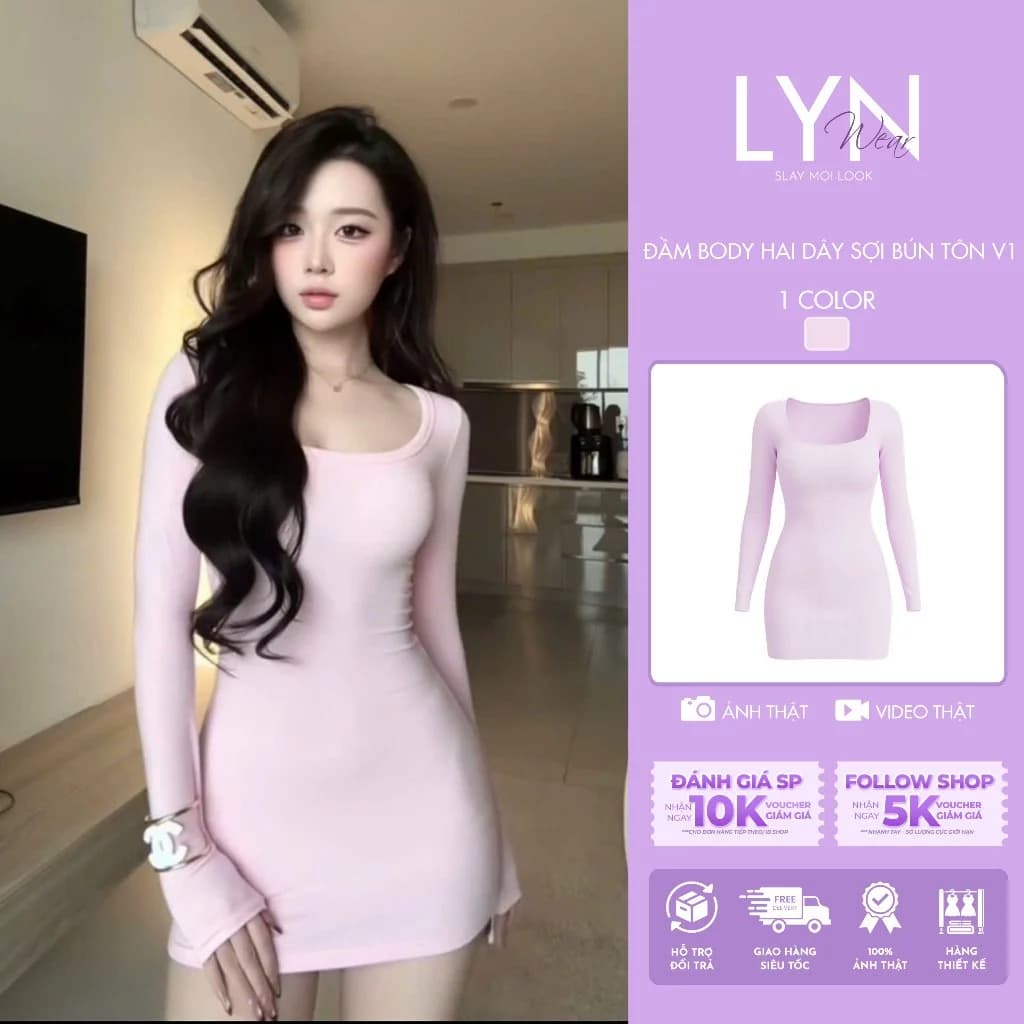 | LYN WEAR | (HOẢ TỐC) ĐẦM BODY HỒNG PASTEL TAY DÀI CỔ VUÔNG HÀN QUỐC